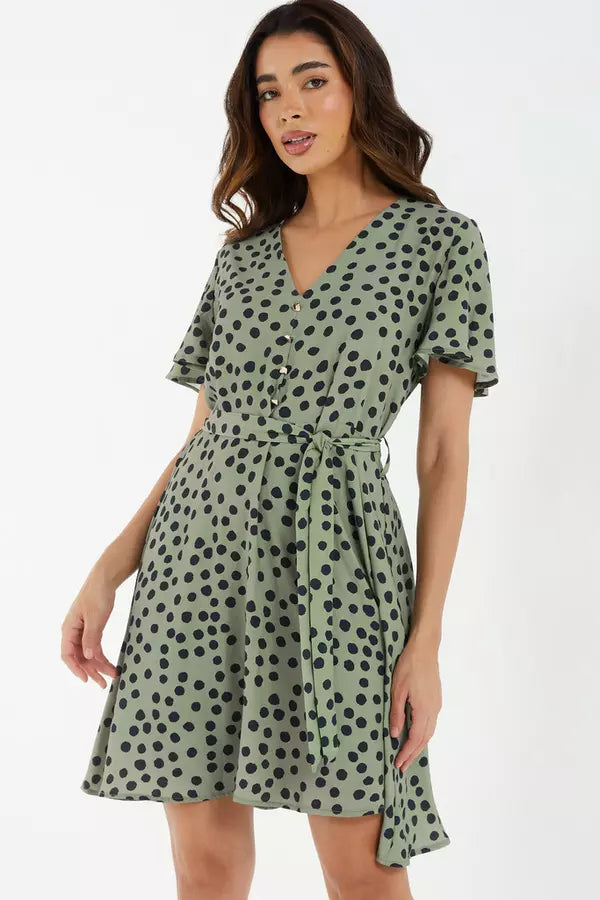 Long dresses for women with high heels -Olive Polka Dot Tea Dress