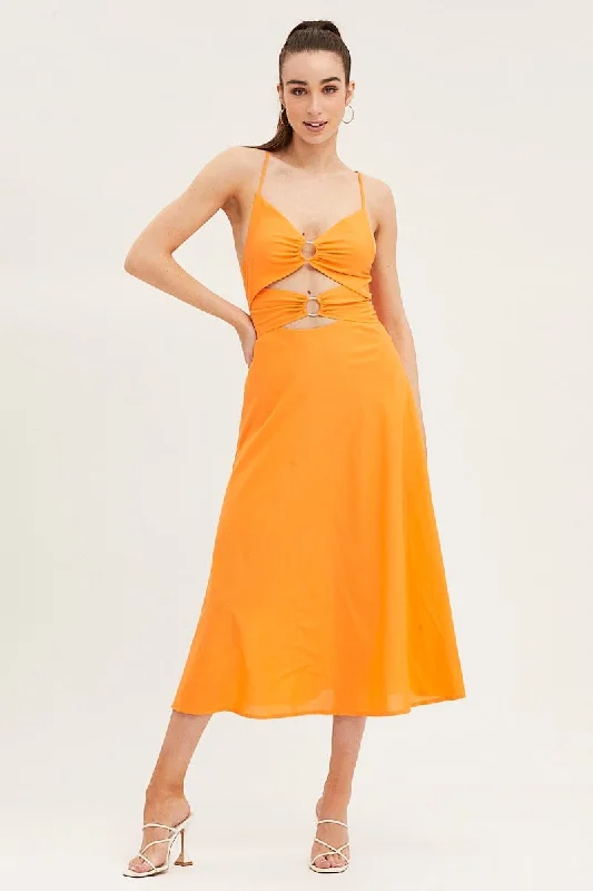 Mini dresses with fringe for a boho-chic style -Orange A Line Dress Midi