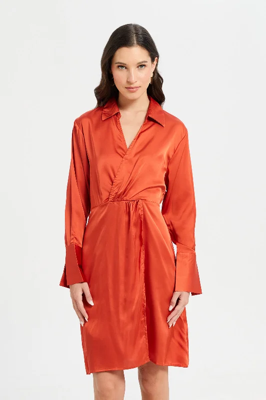 Shop dresses for beach vacations -Woman Orange Satin Collared Dress