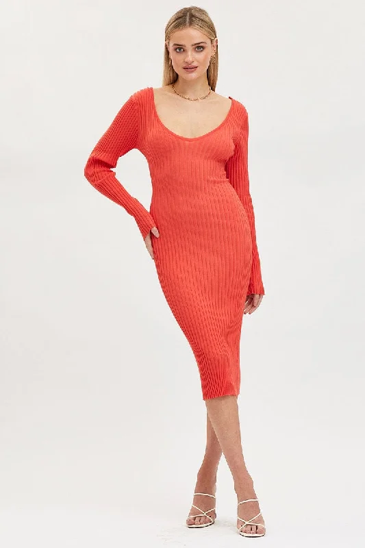 Mini dresses with smocked bodice for a comfortable fit -Orange Knit Dress Evening Midi Mini dresses with smocked bodice for a comfortable fit -Orange Knit Dress Evening Midi
