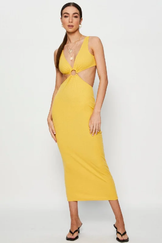 Mini dresses with fringe for a boho-chic style -Orange Midi Dress Ribbed Cut Out