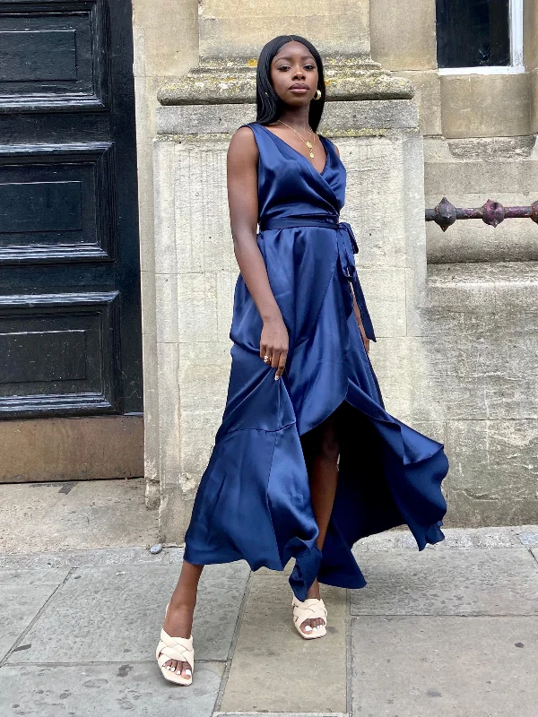 Floral print mini dresses for a fresh spring style -Orla Navy Satin Wrap Midi Dress Floral print mini dresses for a fresh spring style -Orla Navy Satin Wrap Midi Dress
