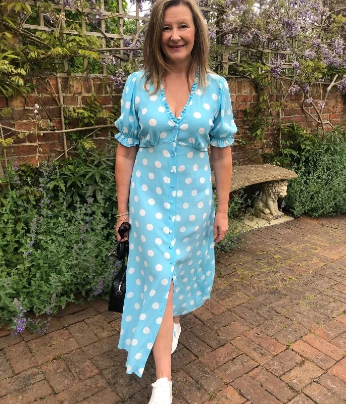 Mini dresses with geometric prints -Pale Blue Spot Midaxi Tea Dress
