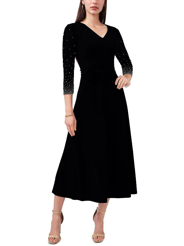 Pleated mini dresses for a textured appearance -Petites Womens Beaded Mid Calf Midi Dress Pleated mini dresses for a textured appearance -Petites Womens Beaded Mid Calf Midi Dress