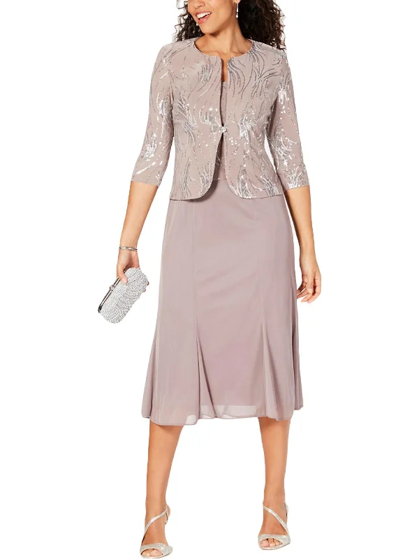 Mini dresses with faux leather accents for an edgy style -Petites Womens Sequined 2PC Dress With Jacket Mini dresses with faux leather accents for an edgy style -Petites Womens Sequined 2PC Dress With Jacket