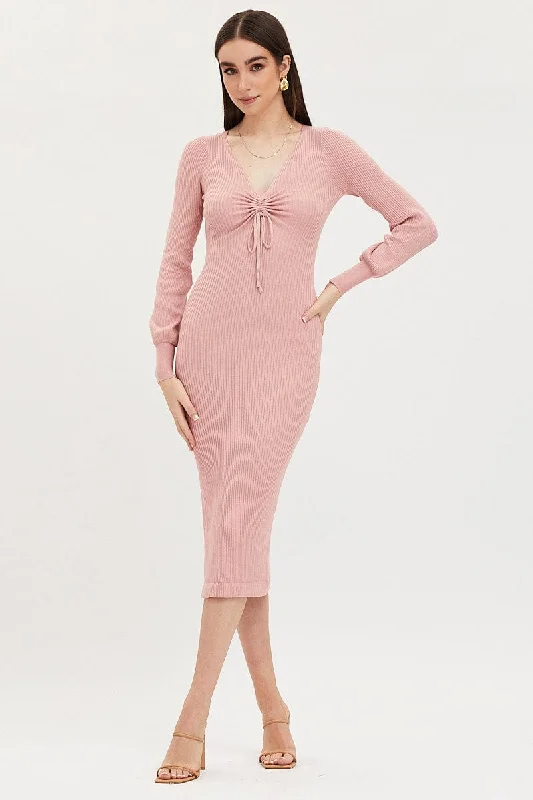 Mini dresses with metallic finish for a futuristic look -Pink Knit Dress Evening Midi Mini dresses with metallic finish for a futuristic look -Pink Knit Dress Evening Midi