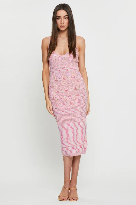 Cropped sleeve mini dresses for versatile wear -Pink Knit Dress Midi