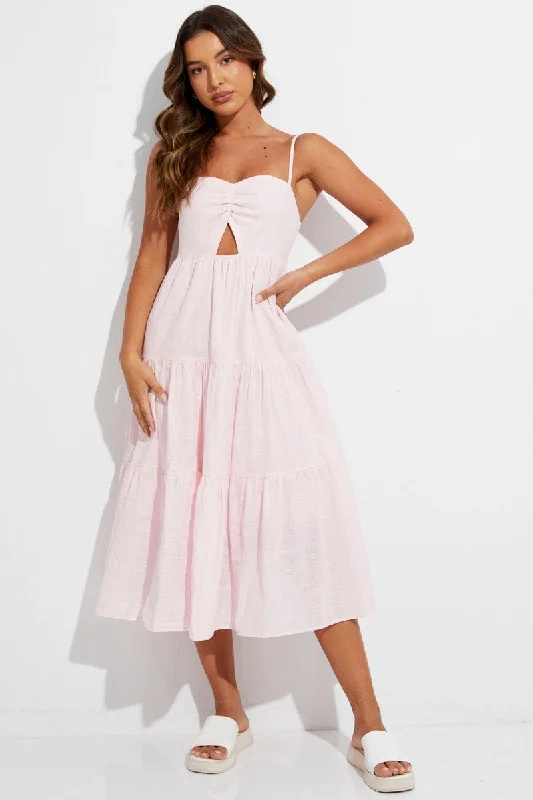 A-line mini dresses for a flattering silhouette -Pink Midi Dress Sleeveless Ruched Tiered A-line mini dresses for a flattering silhouette -Pink Midi Dress Sleeveless Ruched Tiered