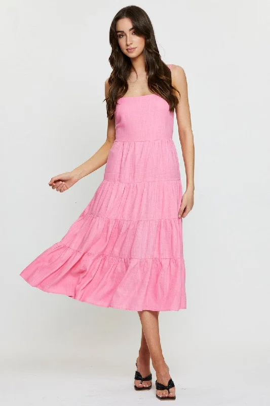 Mini dresses with metallic accents for a glamorous effect -Pink Tiered Dress Midi
