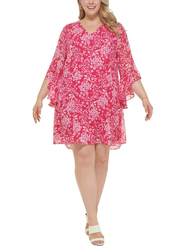 Mini dresses with cold shoulder design for a trendy look -Plus Womens Floral Knee Shift Dress Mini dresses with cold shoulder design for a trendy look -Plus Womens Floral Knee Shift Dress