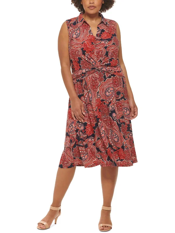 Mini dresses for petite women -Plus Womens Paisley Print Twist Front Midi Dress