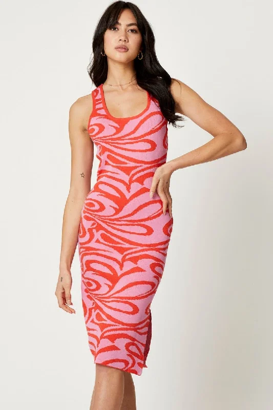 Mini dresses with embroidery for a decorative touch -Print Knit Dress Midi