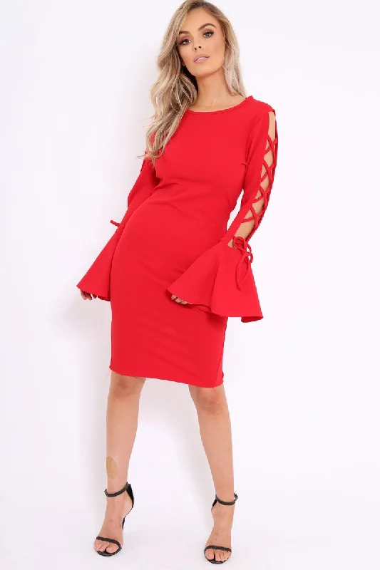 Shop dresses for all occasions -Shop dresses for all occasions -Red Bell Sleeved Dress with Lace up Detail - Faith