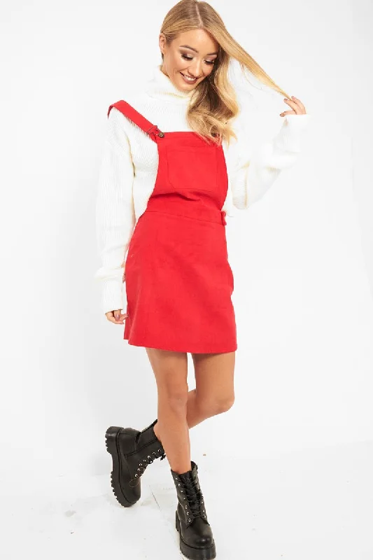 Where to buy bodycon dresses online -Red Corduroy Pinafore Dungaree Dress - Ayona