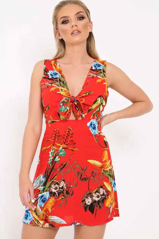 Dresses for women with big busts -Red Floral Tie Front Dress -  Daylen