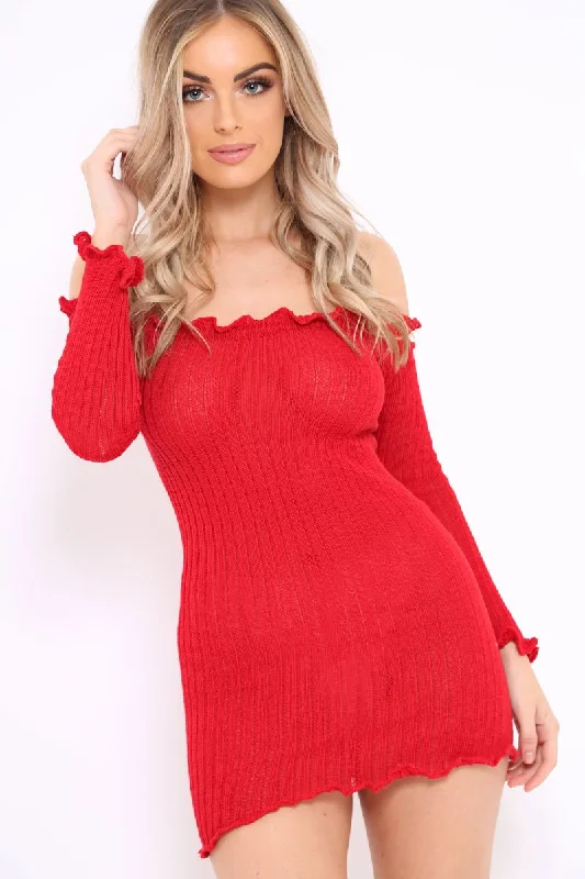 Comfortable casual dresses for everyday wear -Red Knitted Bardot Frill Dress - Leisha