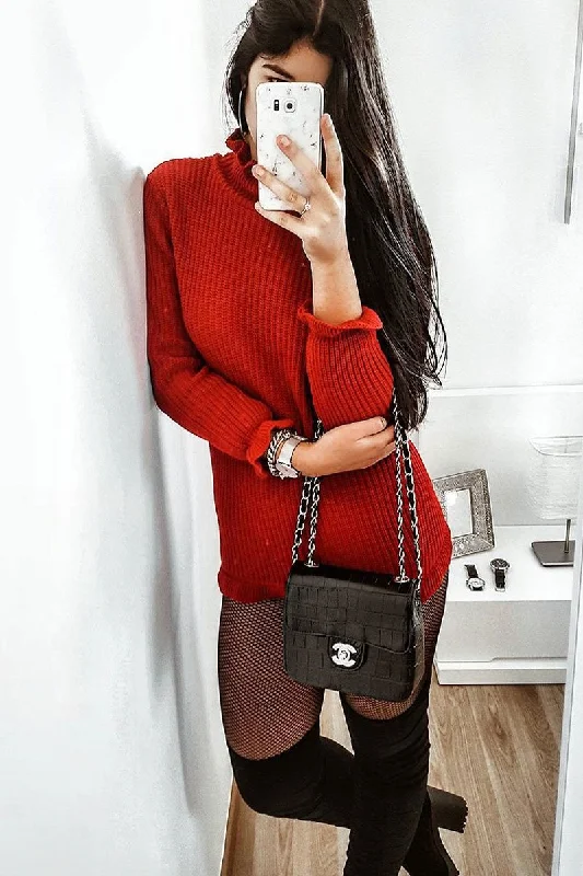 Dress styles for women in all seasons -Red Knitted Ruffle Jumper Dress with Elasticated hems - Velma