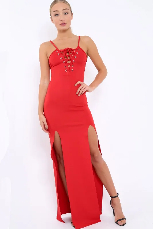 Affordable party dresses for women -Red Lace Up Front Front Dress - Kailani