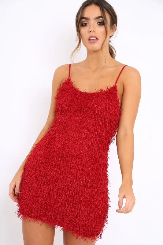 Boho style dresses for spring and summer -Red Shimmery Shaggy Dress - Sophie