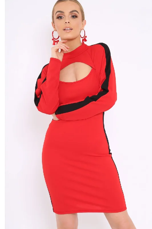 Plus-size dresses for formal occasions -Red Side Black Striped Cut Out Dress - Layia