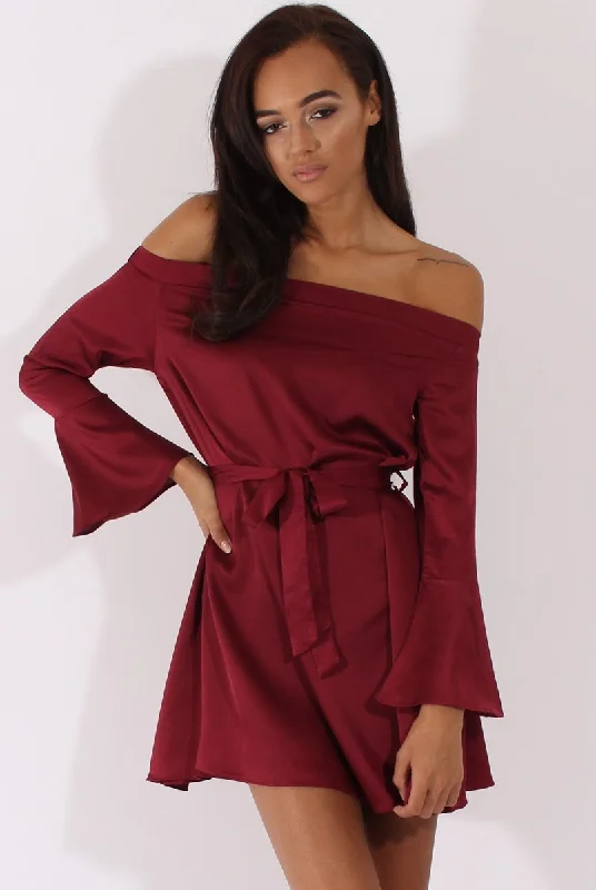 Shop mini dresses for summer parties -Red Silky Bardot Tie Waist Dress - Esther