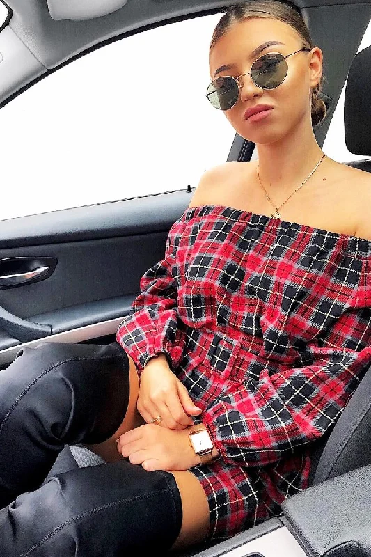 Short dresses for women for date night -Red Tartan Belted Bardot Dress - Deondra