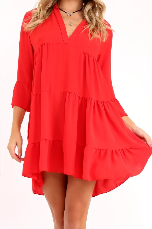 Best casual dresses for women -Red Tiered Ruffle Shift Dress - Abri