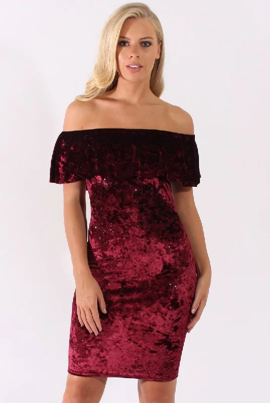 Long dresses for women with high heels -Red Velvet Sparkle Bardot Frill Dress - Bree Long dresses for women with high heels -Red Velvet Sparkle Bardot Frill Dress - Bree