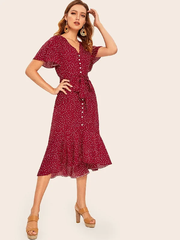 Dresses for pear-shaped body types -Ruffle Hem Polka Dot Belted Tea Dress