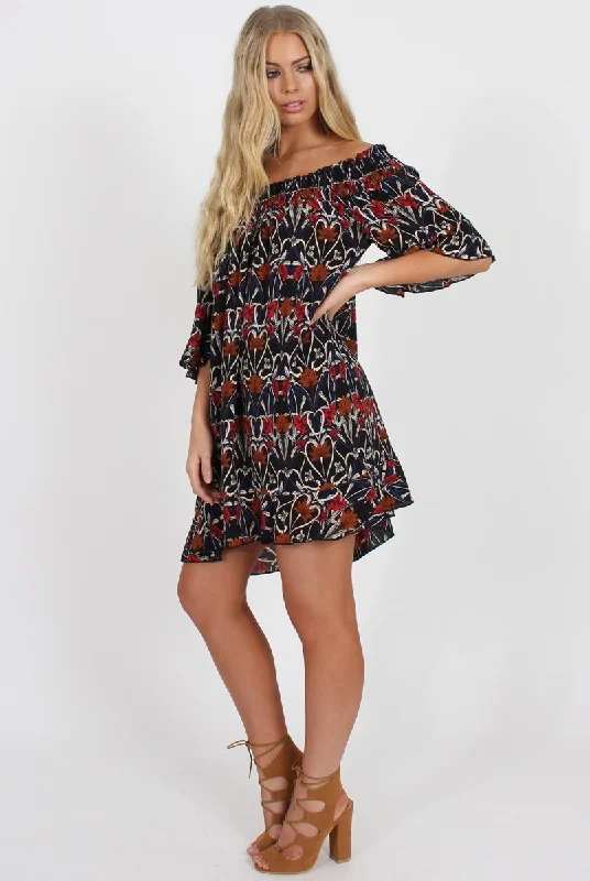 Shop maxi dresses for tall women -Rust Floral Bardot Ruffly Trim Detail Dress- Stefi