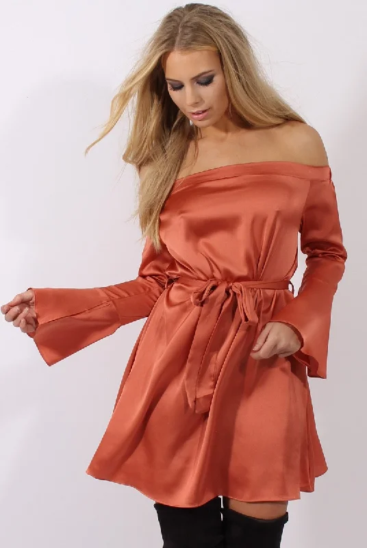 Shop dresses for formal and casual events -Rust Silky Bardot Tie Waist Dress - Esther