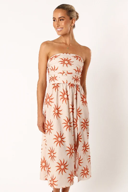Mini dresses with pleated hem for added movement -Ryder Strapless Midi Dress - Soleil Mini dresses with pleated hem for added movement -Ryder Strapless Midi Dress - Soleil