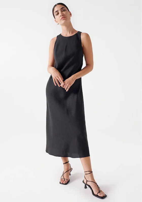 Bodycon mini dresses for a sleek silhouette -Salsa Open Back Linen Midi Dress, Black Bodycon mini dresses for a sleek silhouette -Salsa Open Back Linen Midi Dress, Black