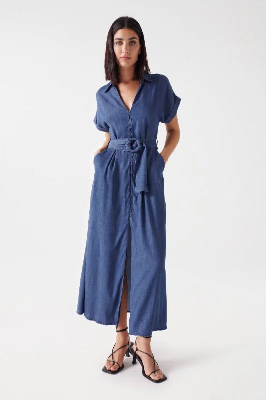 Mini dresses with side slits for added allure -Salsa Belted Waist Midi Dress, Blue Denim Mini dresses with side slits for added allure -Salsa Belted Waist Midi Dress, Blue Denim