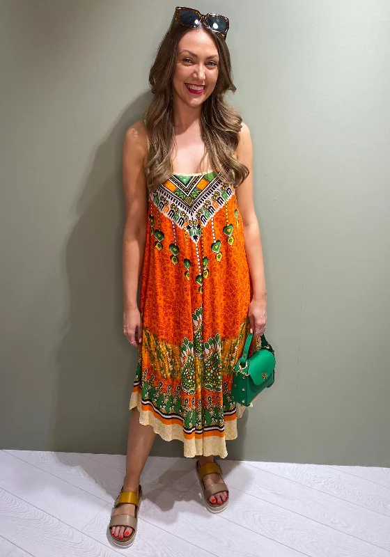 Casual mini dresses for everyday wear -Serafina Collection Luna Print One Size Midi Dress, Orange Casual mini dresses for everyday wear -Serafina Collection Luna Print One Size Midi Dress, Orange