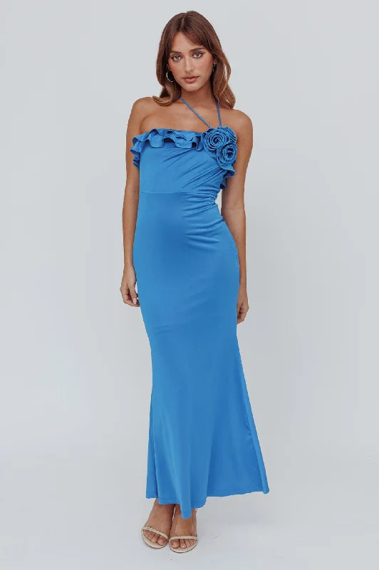 Comfortable dresses for casual outings -Soul Song Rose Accent Ruffle Dress Ocean