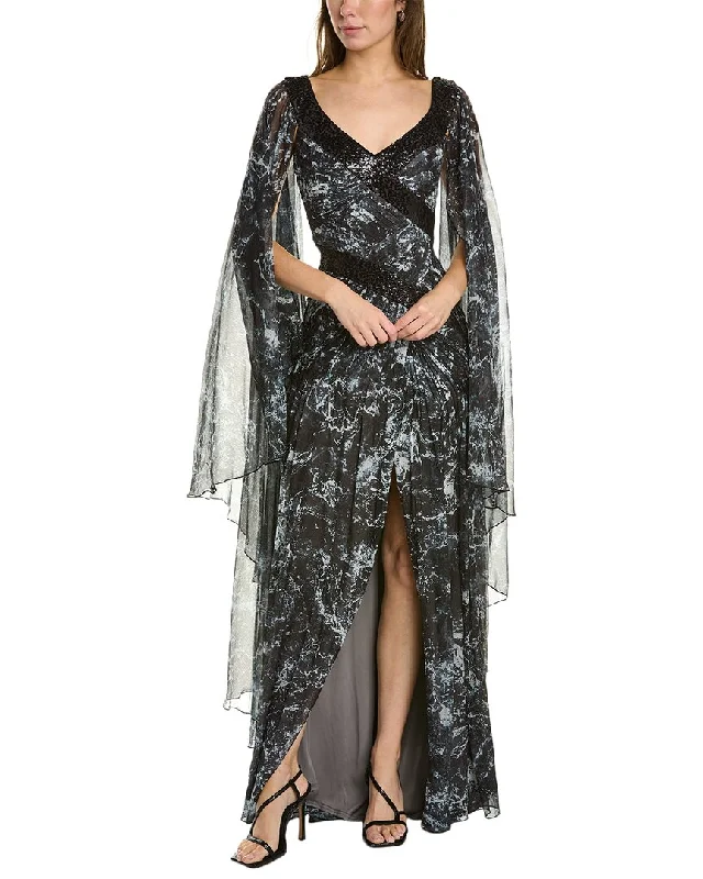 Mini dresses with embroidery details -Tadashi Shoji Cape Sleeve Gown