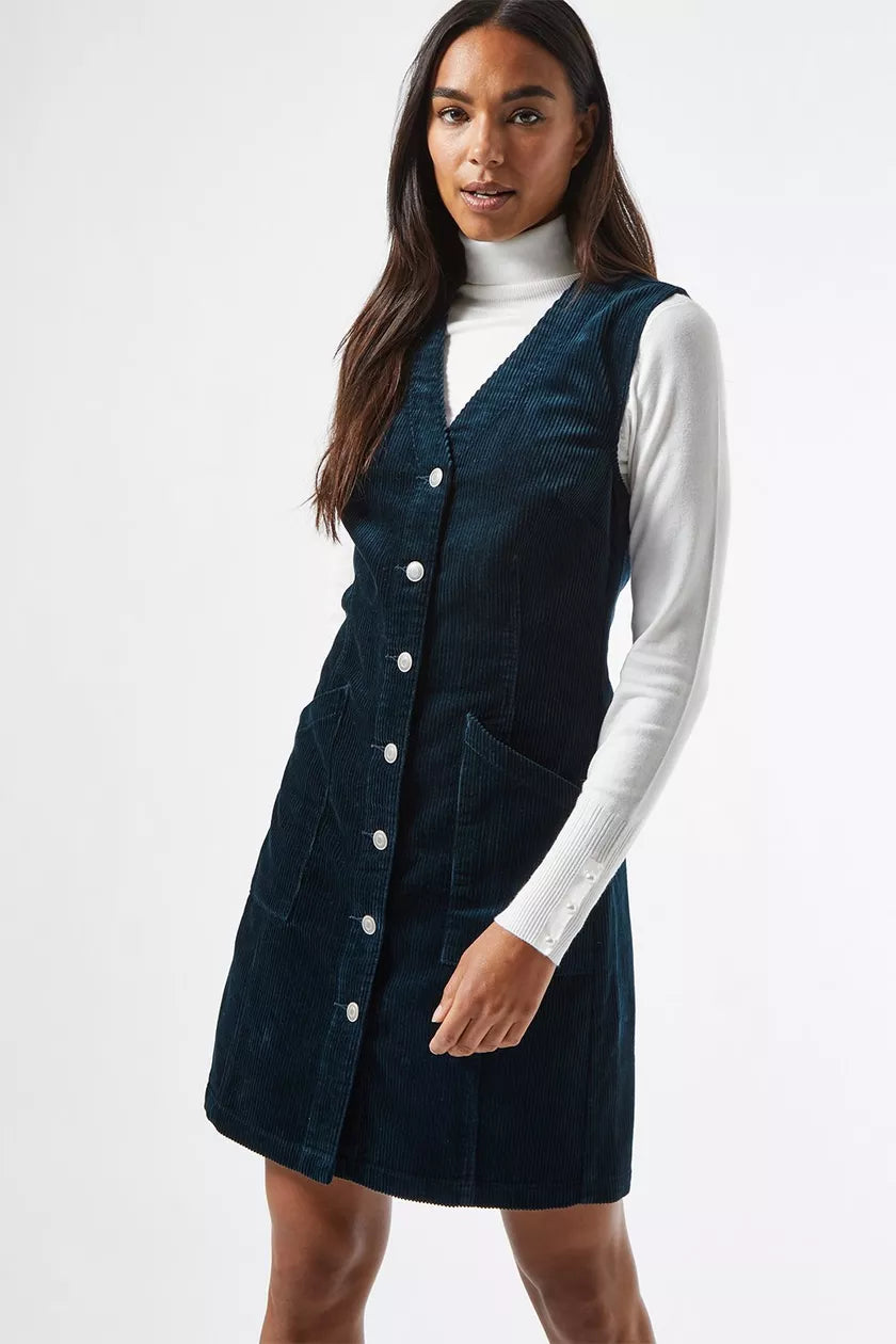 Dresses for women with big busts -Teal Corduroy Pinafore Dress