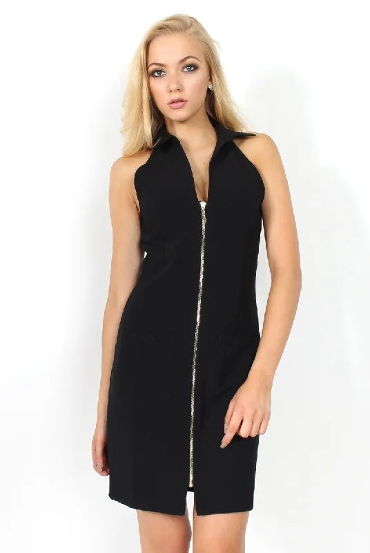 Vintage inspired dresses for women -Tia Black Plunge Pocket Dress
