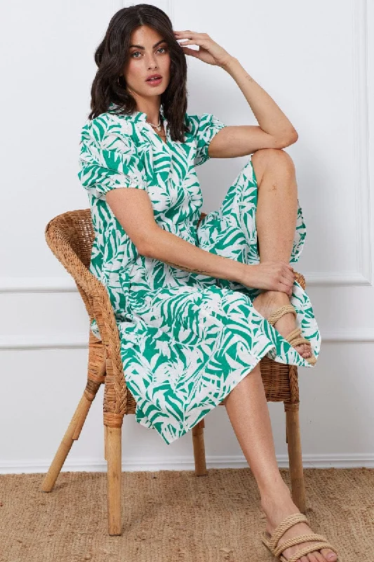 Mini dresses with lace-up back for a customizable fit -Trop Print Midi Dress Short Sleeve Mini dresses with lace-up back for a customizable fit -Trop Print Midi Dress Short Sleeve