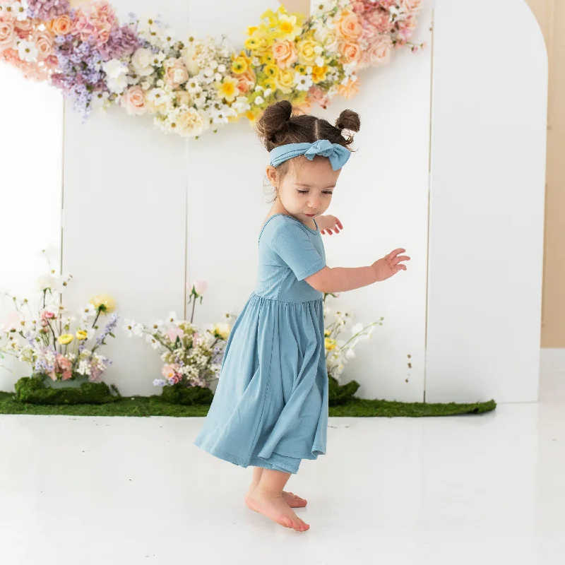 Mini dresses with floral embroidery -Twirl Dress in Dusty Blue