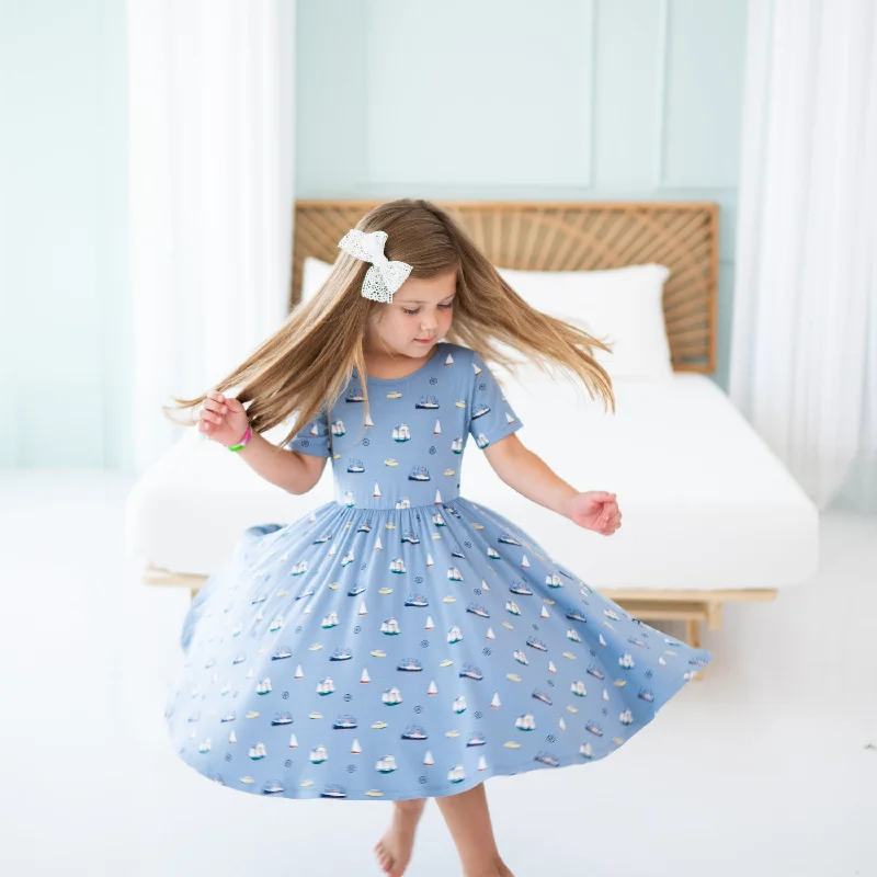 Asymmetrical mini dresses for a unique design -Twirl Dress in Vintage Boats