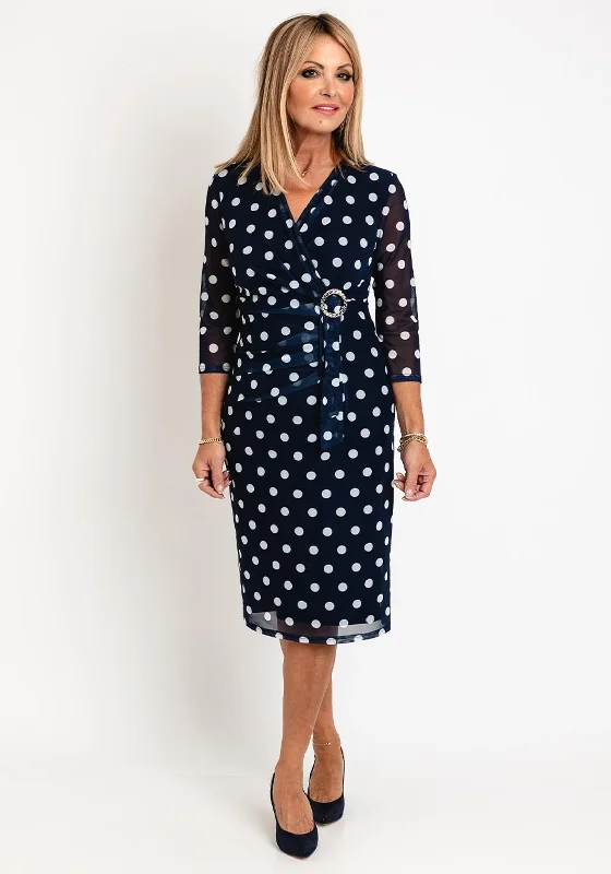 Off-shoulder mini dresses for a feminine touch -Via Veneto Polka Dot Mesh Midi Dress, Navy Off-shoulder mini dresses for a feminine touch -Via Veneto Polka Dot Mesh Midi Dress, Navy