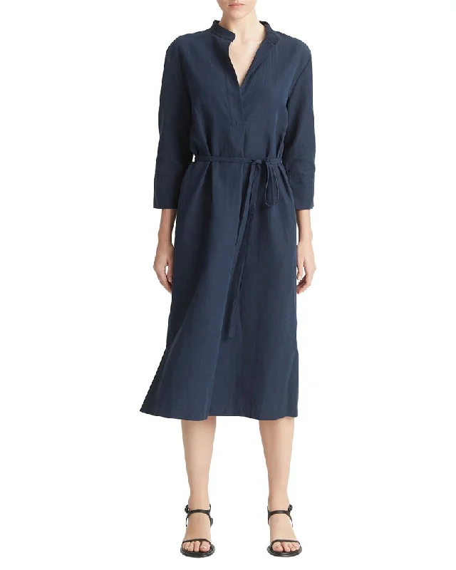 Racerback mini dresses for sporty chic -Vince Band Collar Pullover Linen-Blend Dress