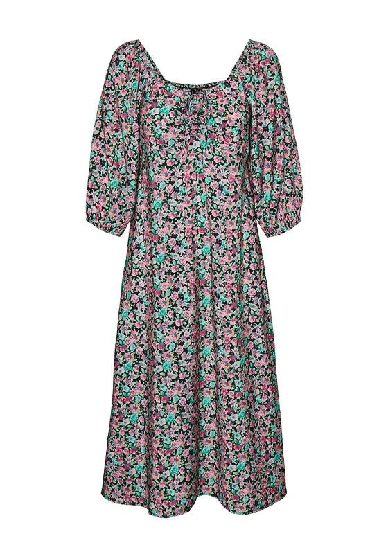 Mini dresses with pockets for convenience -Vero Moda Nico Floral Print Midi Dress, Black Multi Mini dresses with pockets for convenience -Vero Moda Nico Floral Print Midi Dress, Black Multi