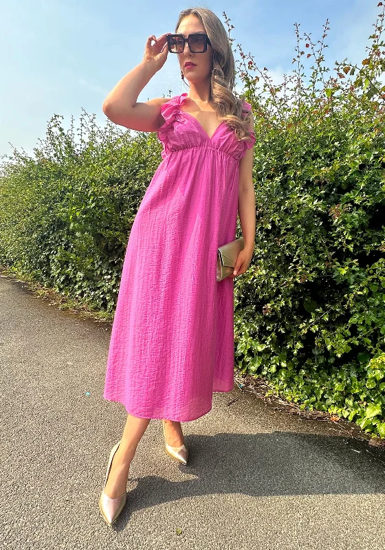 Double-breasted mini dresses for a tailored appearance -Vero Moda Frill Shoulder Midi Dress, Phlox Pink Double-breasted mini dresses for a tailored appearance -Vero Moda Frill Shoulder Midi Dress, Phlox Pink