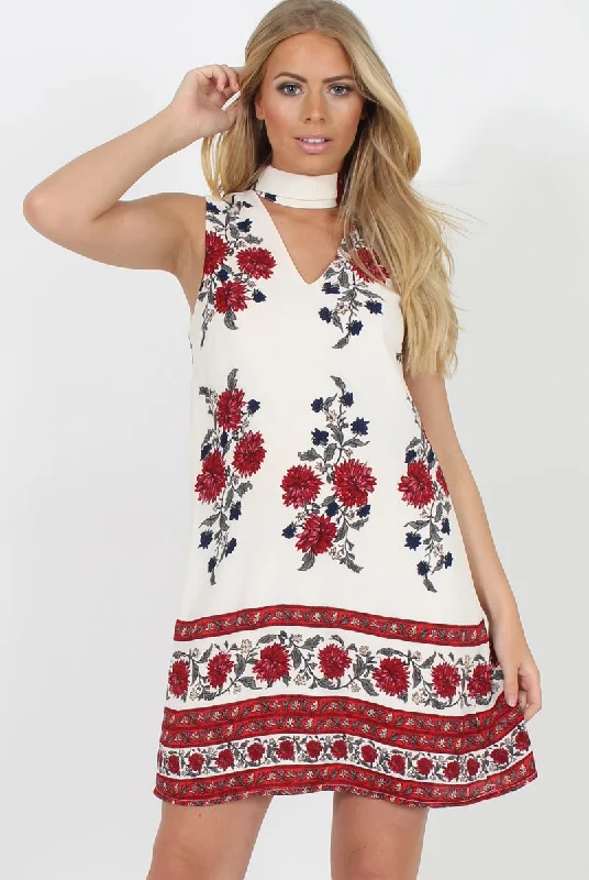 Chic dresses for work and play -White & Red Floral Cut Out Shift Dress - Harriet