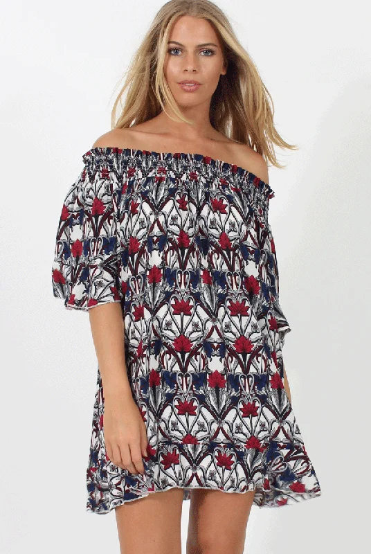 Dresses for women in petite sizes -White and Red Floral Bardot Ruffly Trim Detail Dress- Stefi Dresses for women in petite sizes -White and Red Floral Bardot Ruffly Trim Detail Dress- Stefi