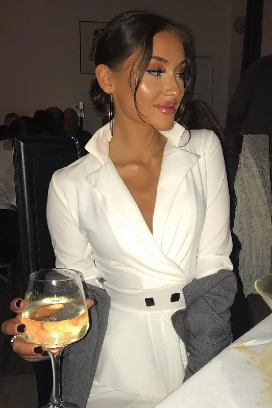 Affordable dresses for vacation wardrobe -White Asymmetrical Front Detail Fitted Blazer Dress - Audrey Affordable dresses for vacation wardrobe -White Asymmetrical Front Detail Fitted Blazer Dress - Audrey