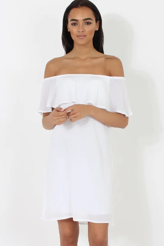 Shop dresses for cocktail parties -White Bardot Frill Dress - Ophelia
